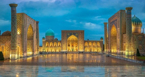 Walk through the stunning Registan square in the ancient city of Samarkand