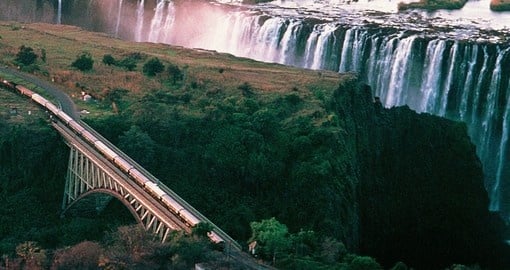 Aerial view of Victoria Falls and the train