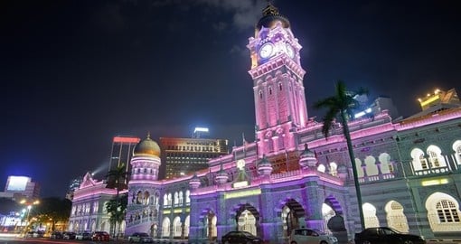 Colorful city night with famous landmark Sultan Abdul Samad Building
