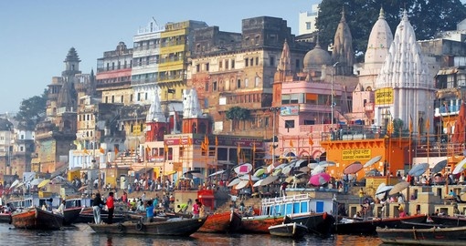 The colorful main ghat is a major attraction on all India vacations.