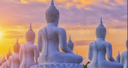 Buddha statues at sunset