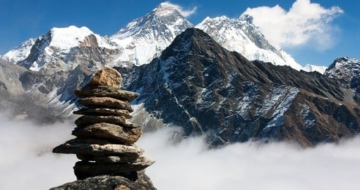 View of Everest with stone man from Gokyo Ri