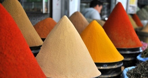 Colourful spices at a market in Marrakesh
