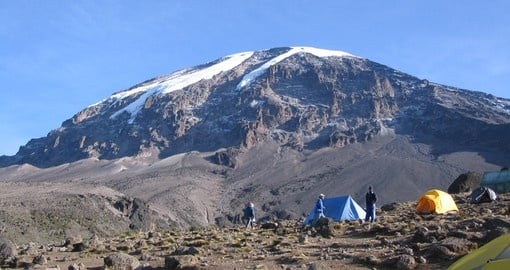 Experience the Kilimanjaro - tents with view of summit during your next Tanzania tours.