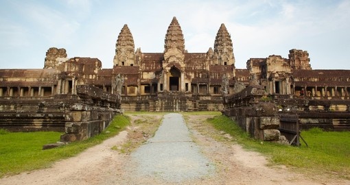 Entry in Angkor Wat in Cambodia against blue sky