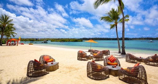 Relax area on tropical sandy beach  on your Mauritius vacation