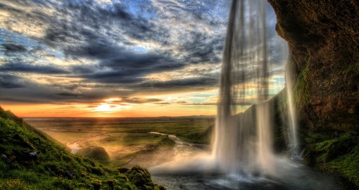 Seljalandfoss waterfall at sunset