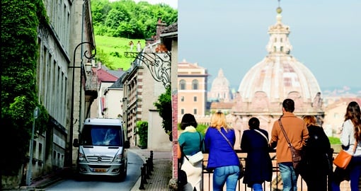 Split image of a small touring vehicle and people looking at a site
