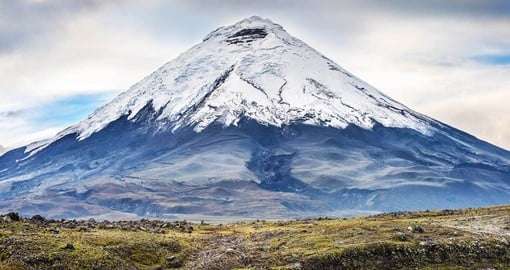 A breathtaking view of Mount Cotopaxi, an active stratovolcano that elevates up to 5897m