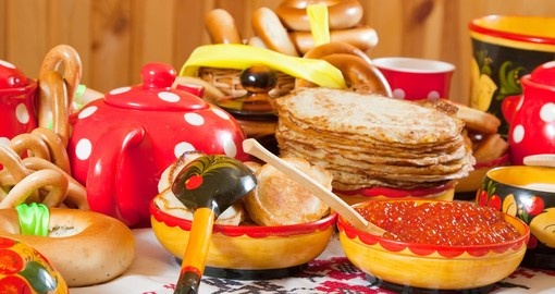 Russian Shrovetide table - pancake with caviar and tea