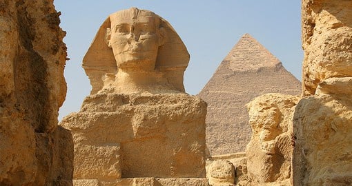 The Sphinx and Great Pyramids rest on the plateau of Giza, near Cairo