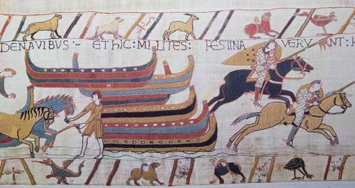 Measuring 20 inches high and 230 feet in length, the Bayeux Tapestry commemorates a struggle for the throne of England