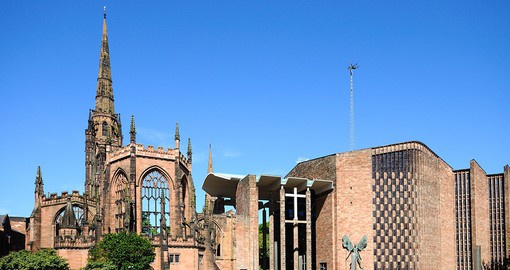 The 14th-century Gothic Coventry Cathedral was largely destroyed by a bombing during the Second World War