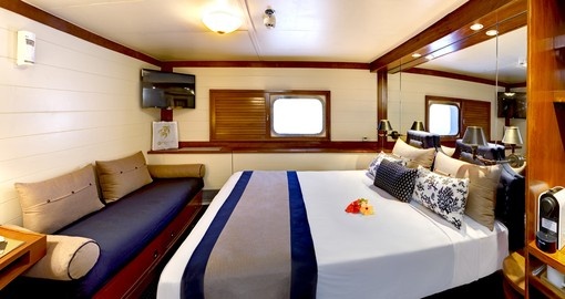 Each cabin features a private ensuite, centralized TV/DVD/audio system and more