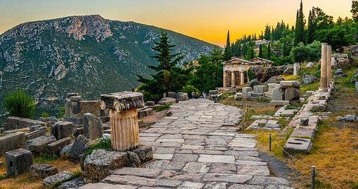 Enjoy the rich scenery of the Treasury of Delphi, used to house loot and offerings to Apollo