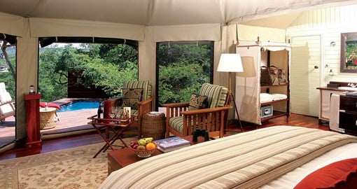 The reserve features ten state-of-the-art tents, each furnished in an "Out of Africa" style