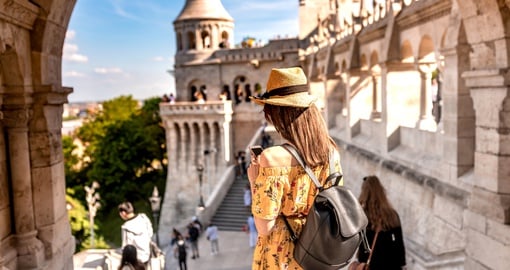 Woman walking down stairs at Fisherman's Bastion, Budapest