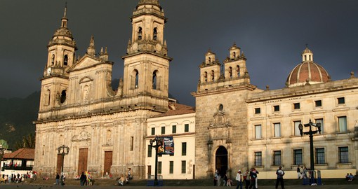 The historic, yet majestic Cathedral of Bogota is a prominent figure in the city's most famous plaza