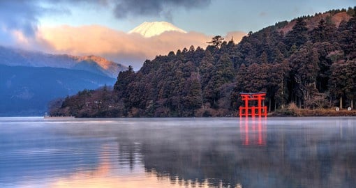 Created by a volcanic eruption 3,000 years ago, Lake Ashinoko offers spectacular views of Mt. Fuji