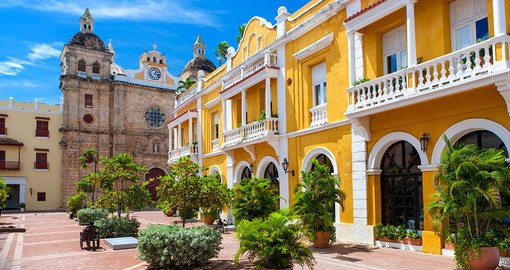 Step back in time while walking through the city square in Cartagena