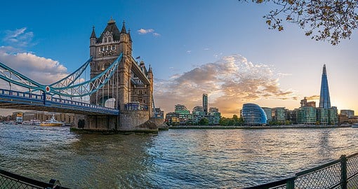 London Skyline showing Tower Bridge during your next England vacations.