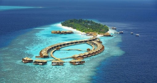 Enjoy an amazing aerial view of the Lily Beach Resort on your next Maldives vacations.
