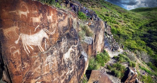 Tamgaly, Kazakhstan is a World Heritage site featuring an impressive series of petroglyphs