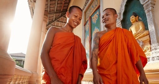 Two buddhist monks in a temple in Phnom Penh