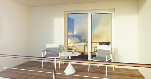 8 sq m private balcony has an outdoor daybed and lounge chair for two