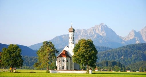 Church with mountains in the background