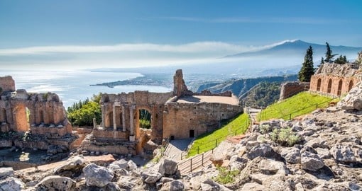 Visit Ruins of the ancient greek theater of Taormina, Sicily on your next Italy tours.
