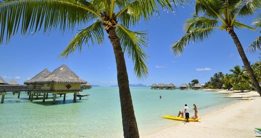 Calming beach in Bora Bora, home to one of the most luxurious resorts