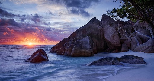Praslin Island is known for palm-fringed beaches