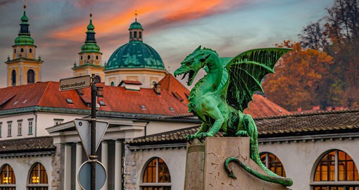 Ljubljana's famous Dragon's guard the Art Nouveau bridge