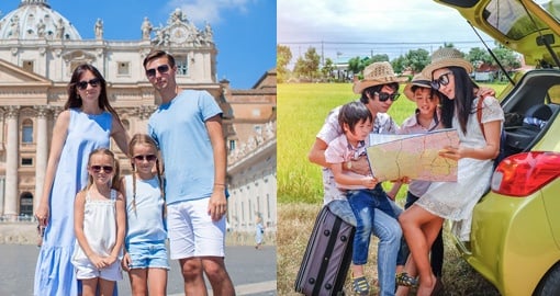 split image of families posing and looking at a map