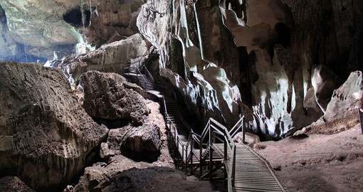 Wooden staircase in a cave in Niah National Park