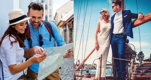 Split image of couple looking at map and modelling fashionable clothes