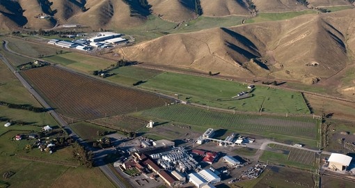 Aerial view of a winery and grapevines near blenheim