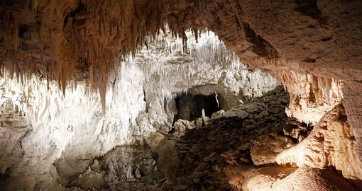 Stalagmites and stalactites in Ruakuri Cave, Waitomo
