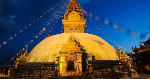 Visit the wonderful Swayambhunath Monastery which is lit up during the night on your Nepal Vacations