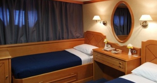 Cabins on the Upper and main decks are equipped with windows while cabins on the lower deck have portholes.
