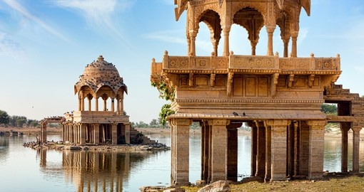 Carved temples and shrines around Lake Gadisar