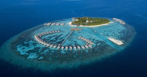 A gorgeous aerial view of the Centara Grand Island Resort and Spa in Maldives