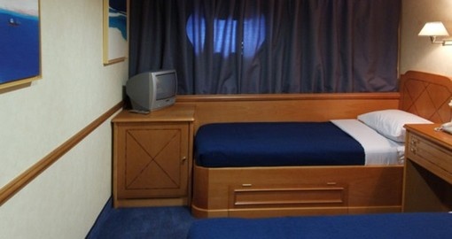 All cabins are air-conditioned and fitted with TV, telephone (for internal use), hairdryers, mini-fridge, central music, public address system and safe boxes