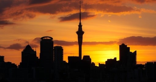 Silhouette of Auckland City at sunset