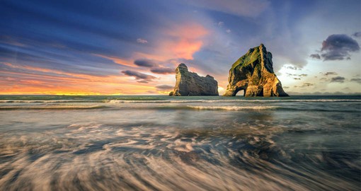 The stunning rock formations at Wharariki Beach, the northern most point of the South Island