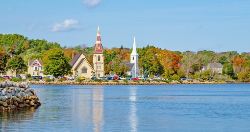 Spot the picture perfect Three Churches in the beautiful seaside town of Mahone Bay