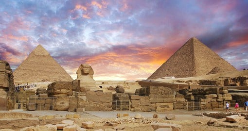 The Giza Plateau is the site of the Great Pyramids of Khufu, Khafre, Menkaure and the Sphinx