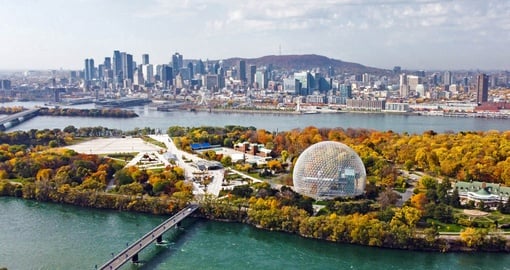 Aerial view of downtown Montreal with Biosphere Dome in the foreground