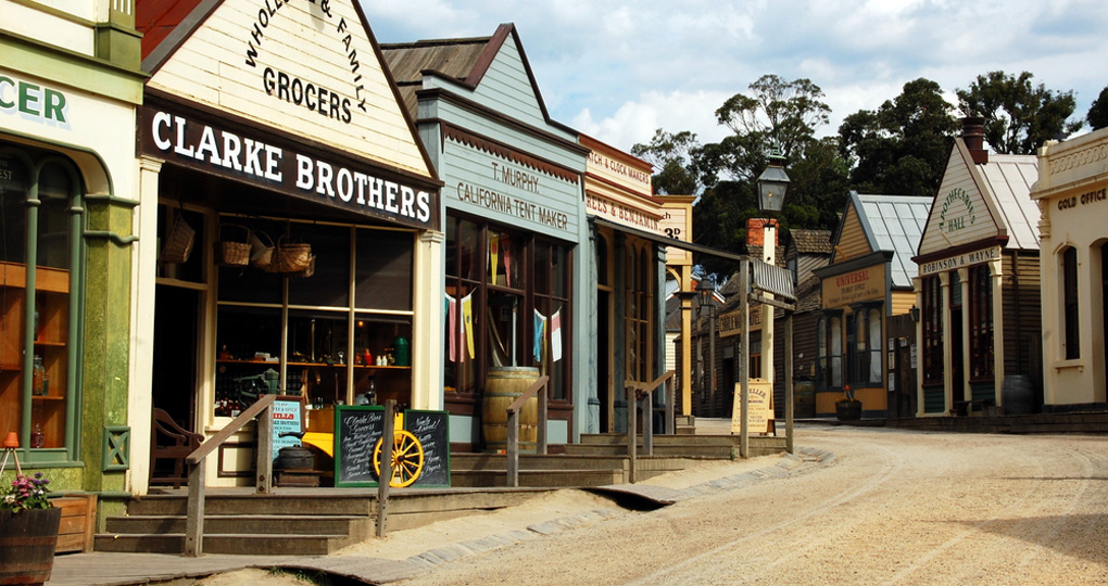 Shop fronts in historic gold rush town of Sovereign Hill
